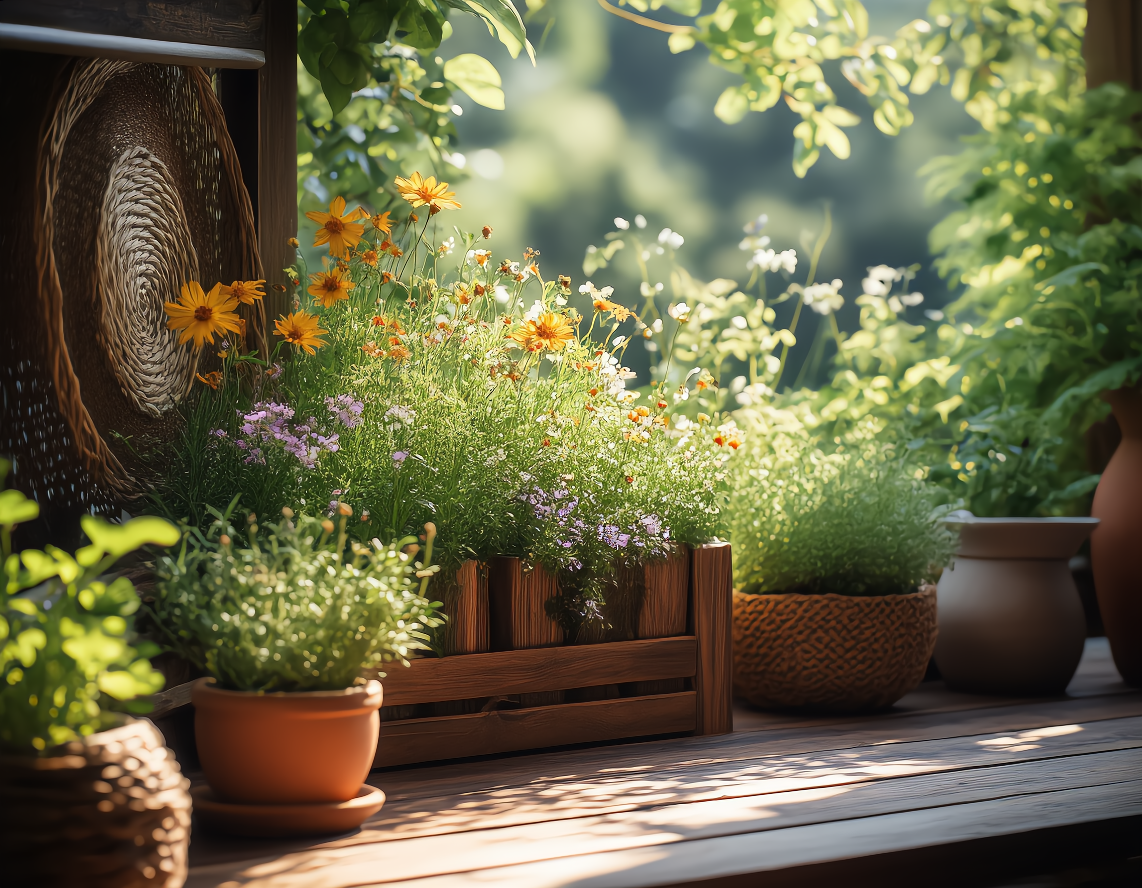 A cozy apartment balcony features a vibrant mini-garden where native Korean wildflowers like coreopsis and delicate herbs like perilla thrive in wooden planters, their leaves swaying gently under soft morning sunlight that casts warm shadows on terracotta pots and woven rattan decor, creating a serene urban oasis with earthy textures and natural harmony.