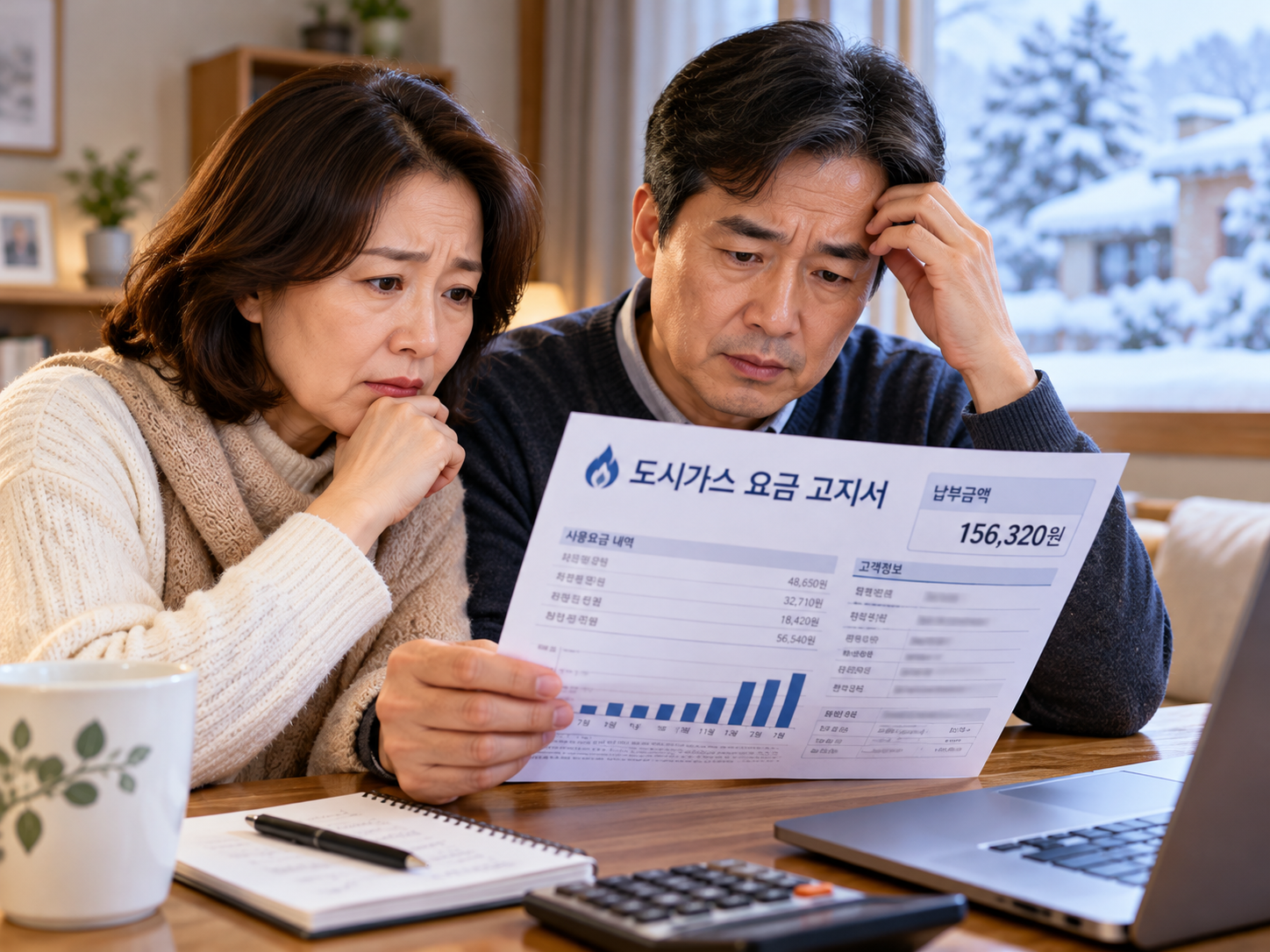 겨울철 도시가스 요금 고지서를 확인하는 중년 부부