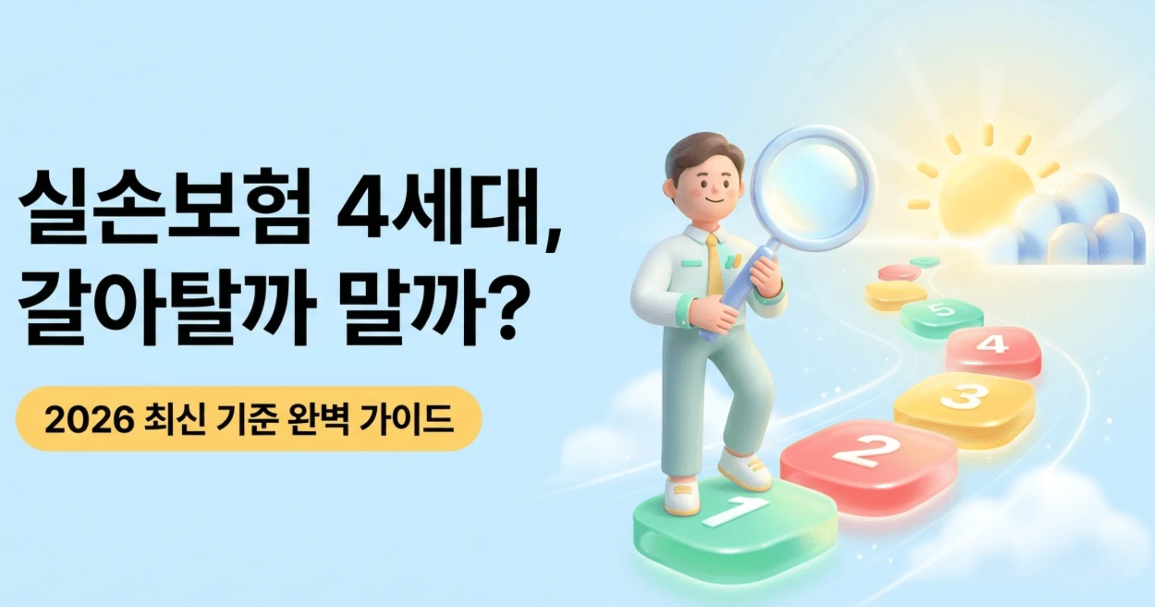 실손보험 4세대 전환 방법과 장단점을 안내하는 2026년 최신 가이드 대표 이미지. 돋보기를 든 캐릭터가 1세대부터 5세대까지 단계별 징검다리를 밟아가며 실손보험 세대별 비교를 시각적으로 표현하고 있다. 이 글에서는 4세대 실손보험 전환 절차와 무심사 신청 방법 그리고 자기부담금 변화와 비급여 보험료 할증 구조 등 전환 전 반드시 확인해야 할 판단 기준을 총정리한다.