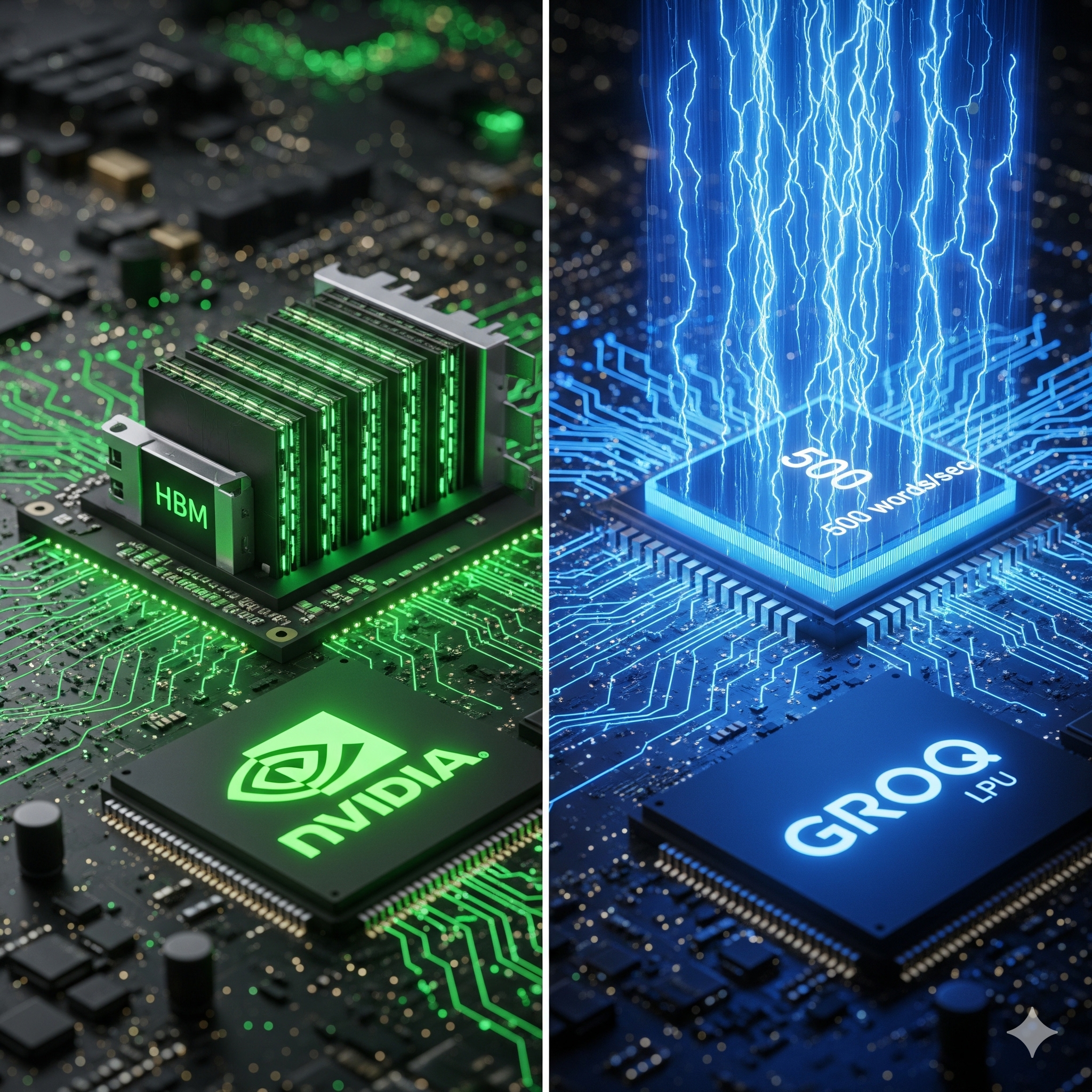 엔비디아 GPU의 HBM 메모리 구조와 그로크 LPU의 SRAM 아키텍쳐를 비교한 추론용 AI 반도체 기술 시각화