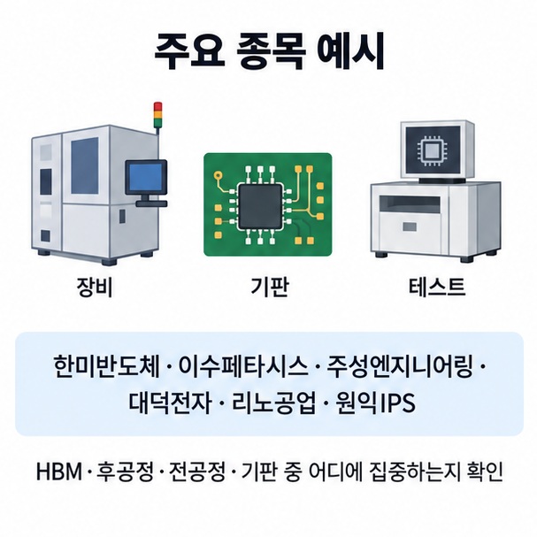 한미반도체, 이수페타시스, 주성엔지니어링, 대덕전자, 리노공업, 원익IPS 등 반도체 소부장 주요 구성종목을 표현한 이미지