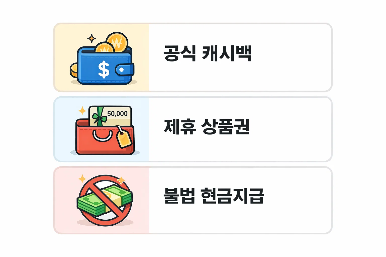 신용카드 발급 혜택에서 공식 캐시백&middot;제휴 상품권&middot;불법 현금지급 차이를 정리해 합법성 기준을 설명한 이미지