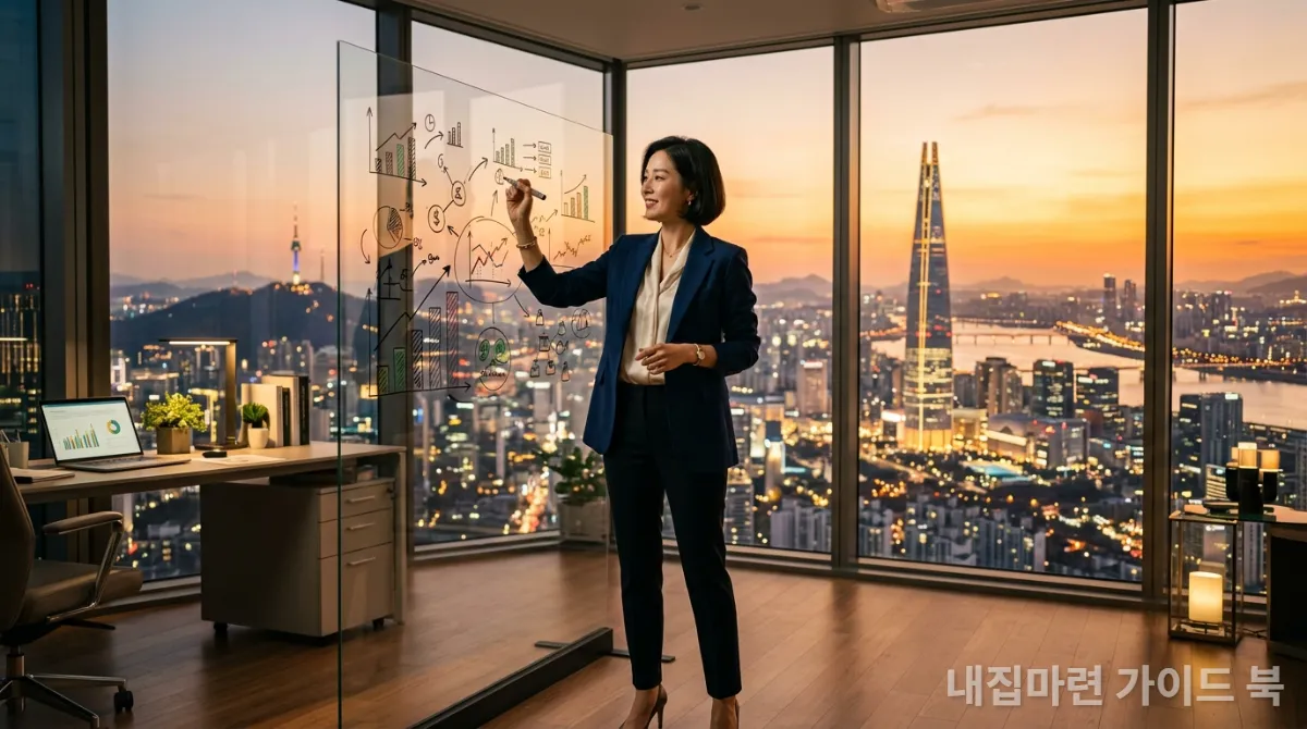30대 한국인 직장 여성이 도시를 배경으로 장기 부동산 투자 계획을 세우는 모습