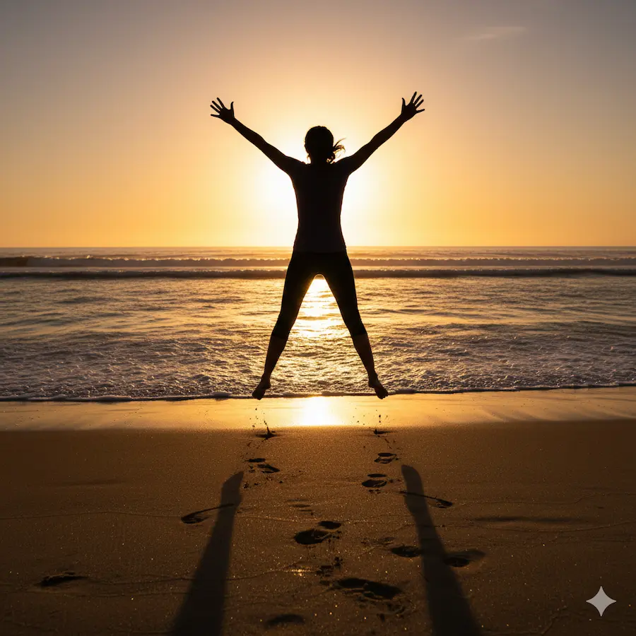 일출에 점프하는 활력 넘치는 사람의 실루엣