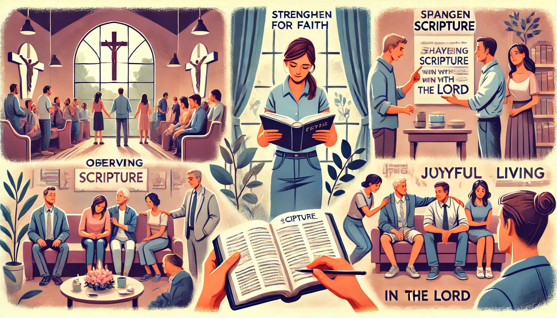 Here is the illustration showing a modern person observing and praying for fellow believers, aiming to strengthen their faith with scripture, and spending time with them to encourage joyful living in the Lord. The scenes include attentively observing others, praying with sincerity, sharing scripture, and engaging in meaningful conversations. The illustration also depicts the person spending quality time with others, building friendships, and motivating them with good intentions. The settings blend a church environment, a cozy prayer corner, and social interactions in a friendly and supportive atmosphere, reflecting dedication to uplifting and encouraging fellow believers.