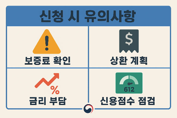 신용등급 6등급 대출 신청 시 반드시 확인해야 할 보증료, 상환 계획, 금리 부담, 신용점수 점검 등 주요 유의사항을 정리한 인포그래픽 자료