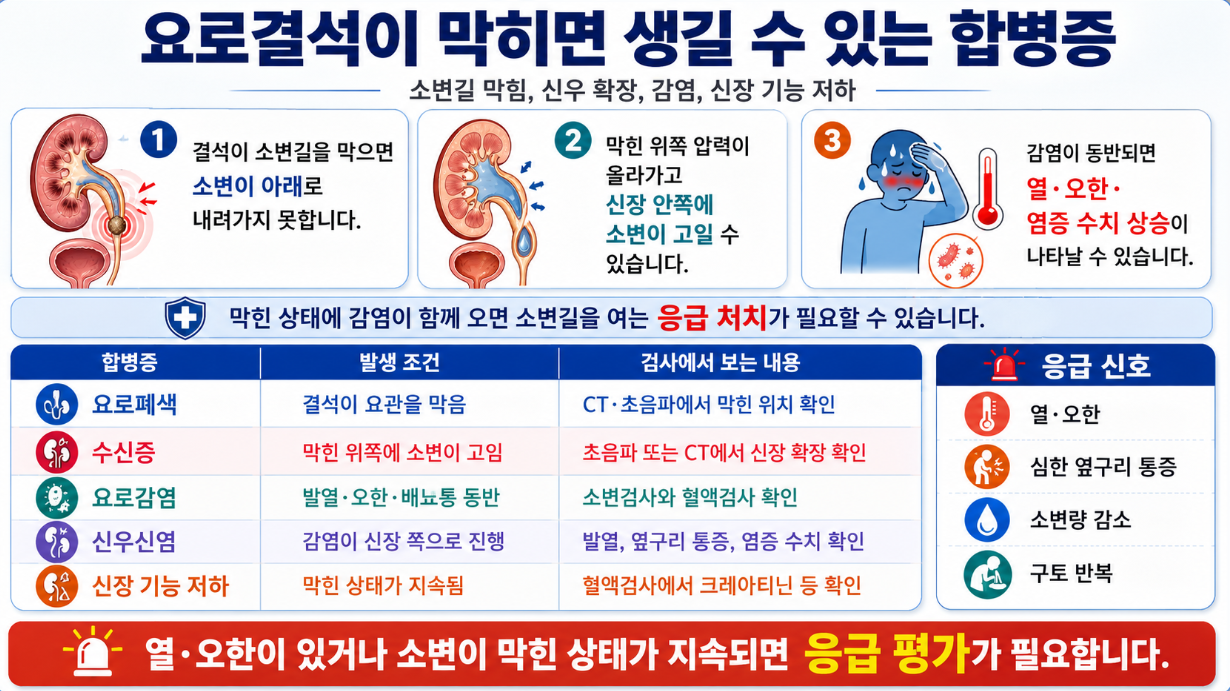 요로결석으로 소변길이 막혔을 때 발생할 수 있는 요로폐색, 수신증, 요로감염, 신우신염, 신장 기능 저하를 설명한 의학 자료