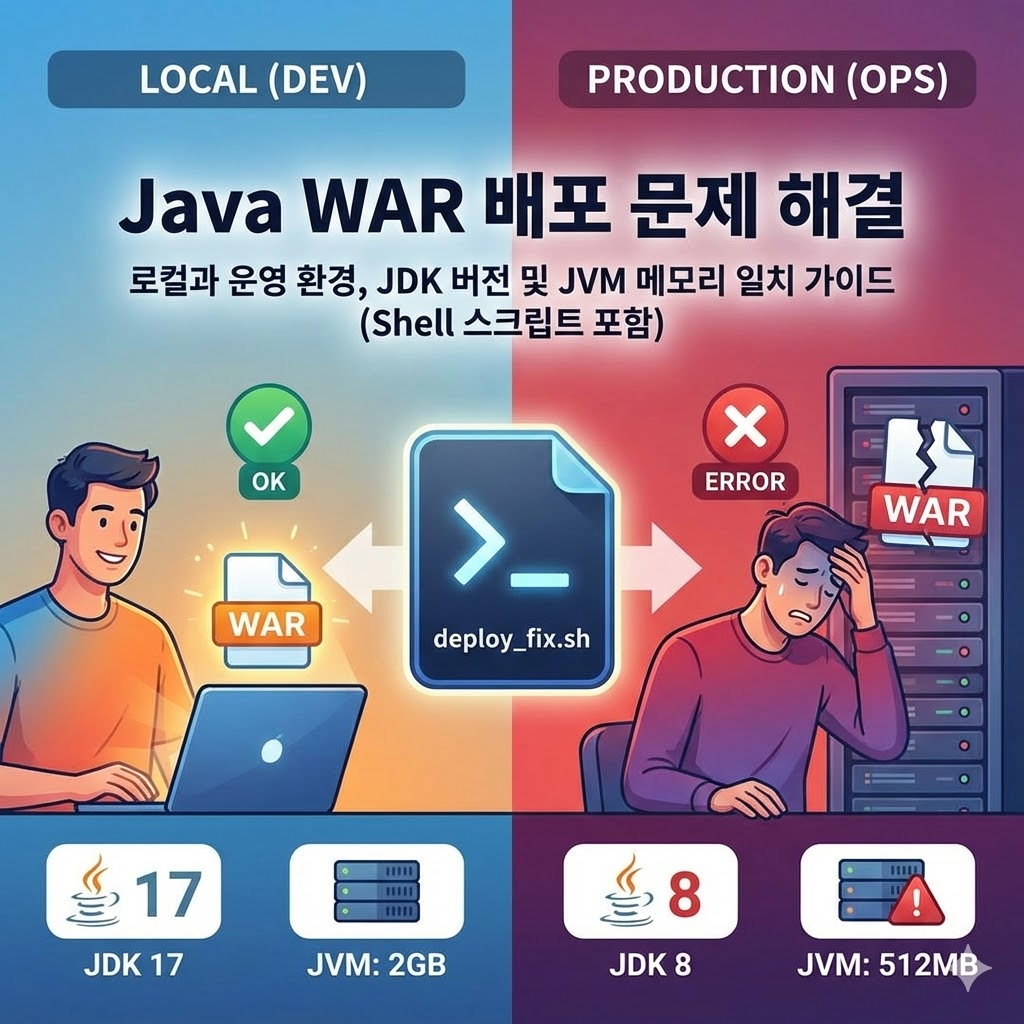Java WAR 배포 문제 해결: 로컬과 운영 환경, JDK 버전 및 JVM 메모리 일치 가이드 (Shell 스크립트 포함)