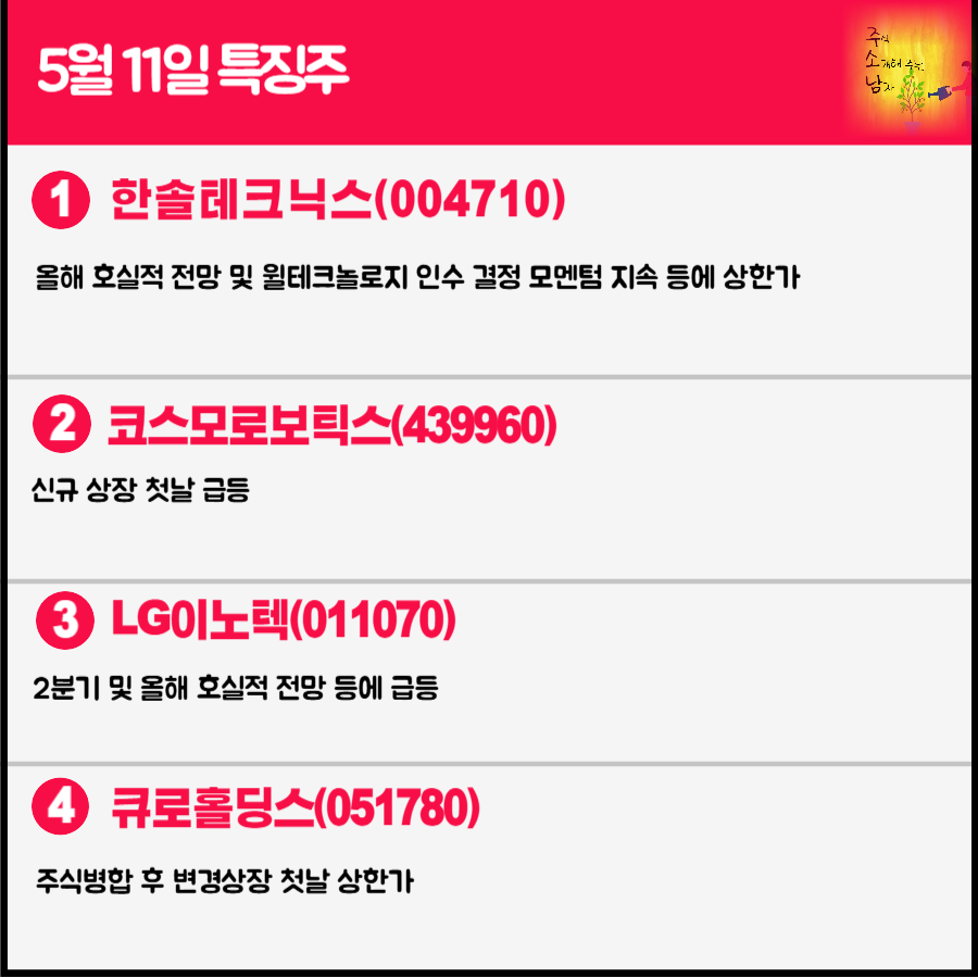 5월 11일 오늘의 특징주