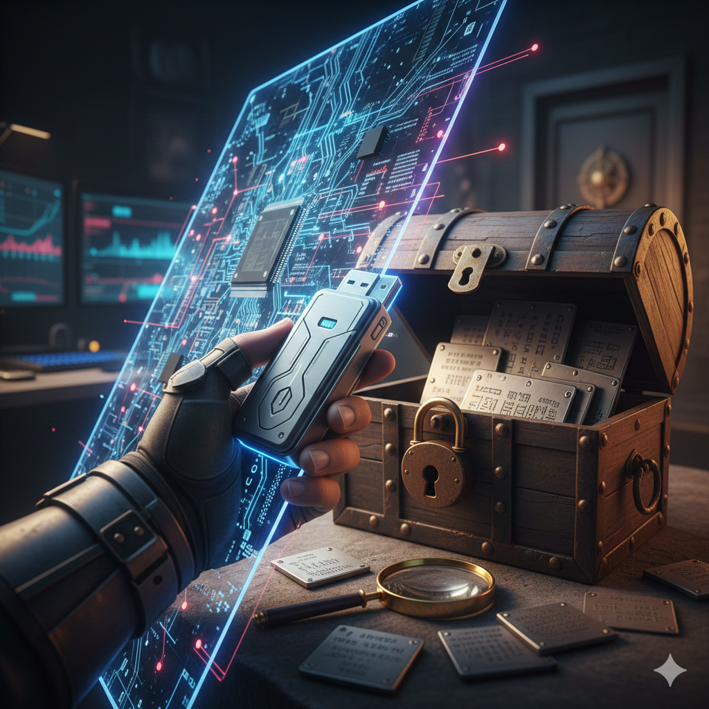 첨단 보안 시설을 연상시키는 배경에서 전술 장갑을 낀 손이 파란색 홀로그램 회로 기판이 투영되는 USB 형태의 하드웨어 월렛을 들고 있는 모습이에요. 그 옆에는 열려 있는 나무 보물상자 안에 니모닉 코드가 새겨진 금속판들이 가득 담겨 있으며, 돋보기와 자물쇠가 함께 배치되어 디지털 자산을 물리적으로 보호하는 강력한 보안 개념을 상징적으로 표현하고 있어요.