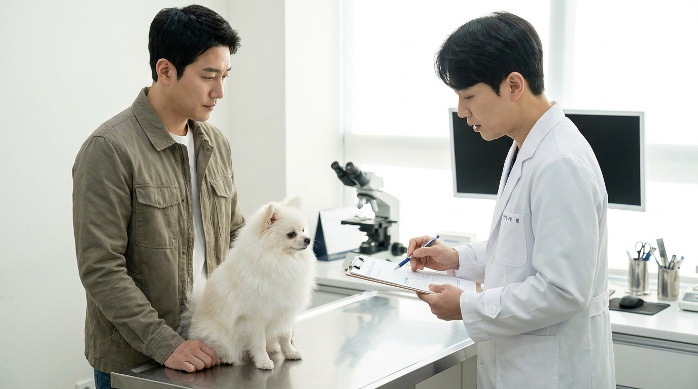 동물병원 진료대 위에 소형견 앉혀두고 수의사와 이야기하는 남성