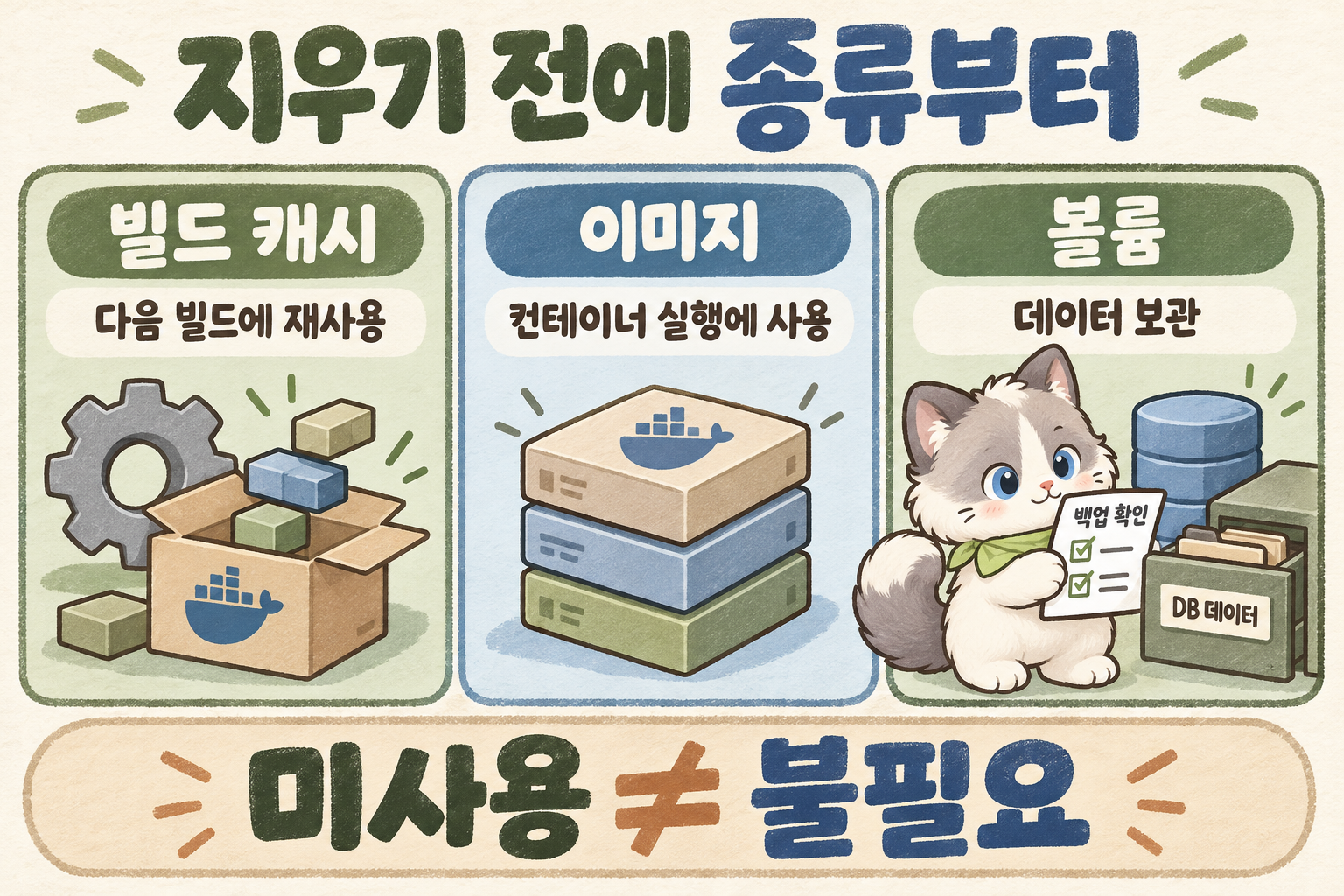 Docker의 빌드 캐시, 이미지, 볼륨을 세 종류로 나눈다. 코미가 볼륨의 데이터 표찰과 백업 목록을 대조하며 미사용과 불필요는 다르다고 설명한다.