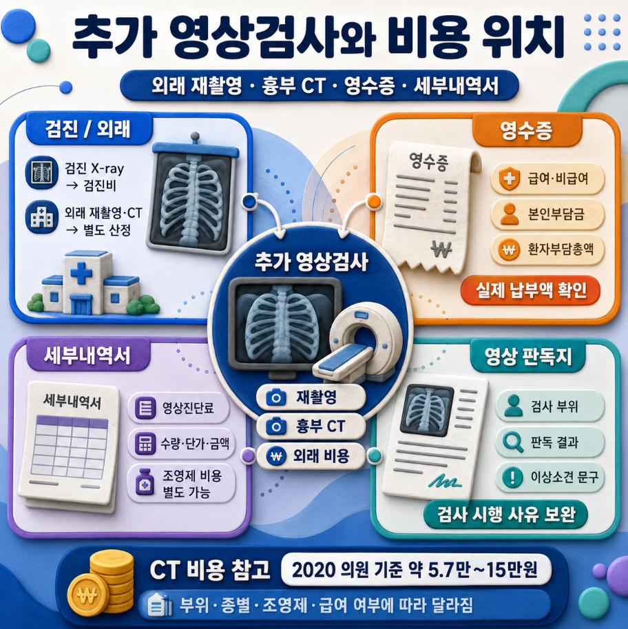 건강검진 후 흉부 X-ray 재촬영과 흉부 CT 비용을 영수증, 세부내역서, 영상 판독지에서 확인하는 방법을 정리한 인포그래픽