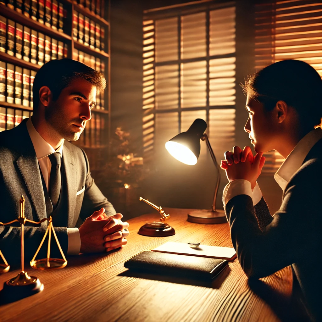 변호사와의 상담: 따뜻한 조명 아래 테이블을 사이에 두고 변호사와 의뢰인이 진지하게 상담하는 모습.