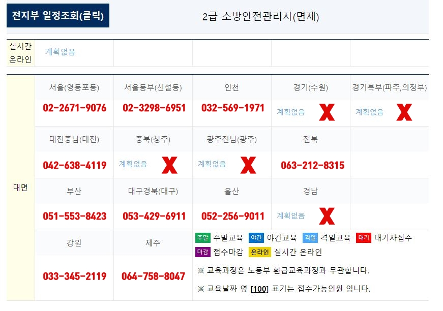 소방안전관리자2급 면제과정 일정표