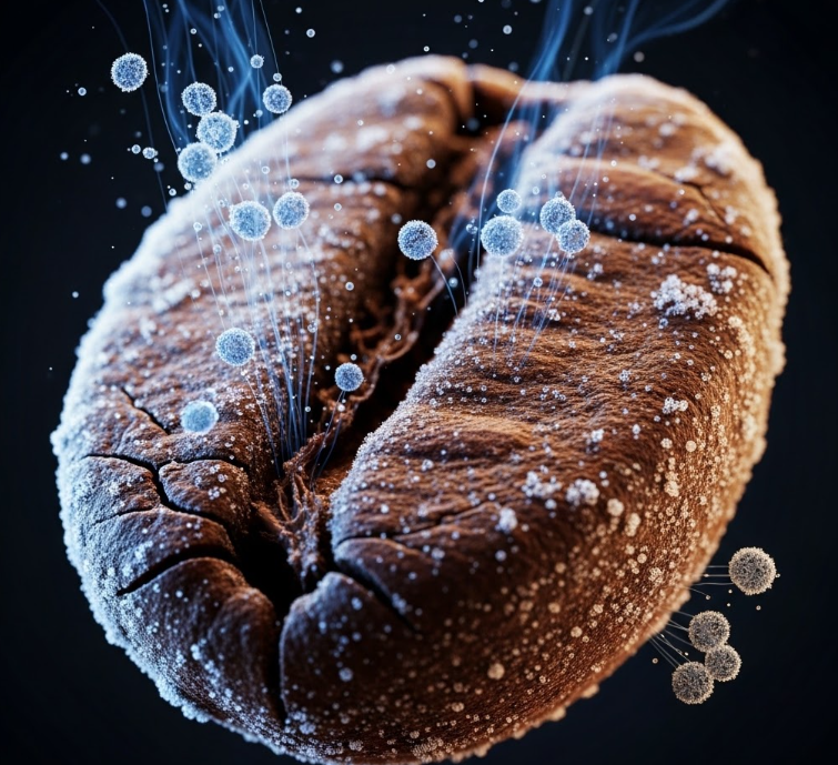 어두운 배경에 얼어붙은 원두 한 알이 클로즈업되어 있으며, 원두 표면의 미세한 구멍(다공질 구조) 사이로 냉동실의 습기와 냄새 분자가 침투하려는 찰나를 시각화. 차가운 푸른 빛의 냉기와 따뜻한 원두 본연의 갈색이 대비되는 고해상도 이미지.