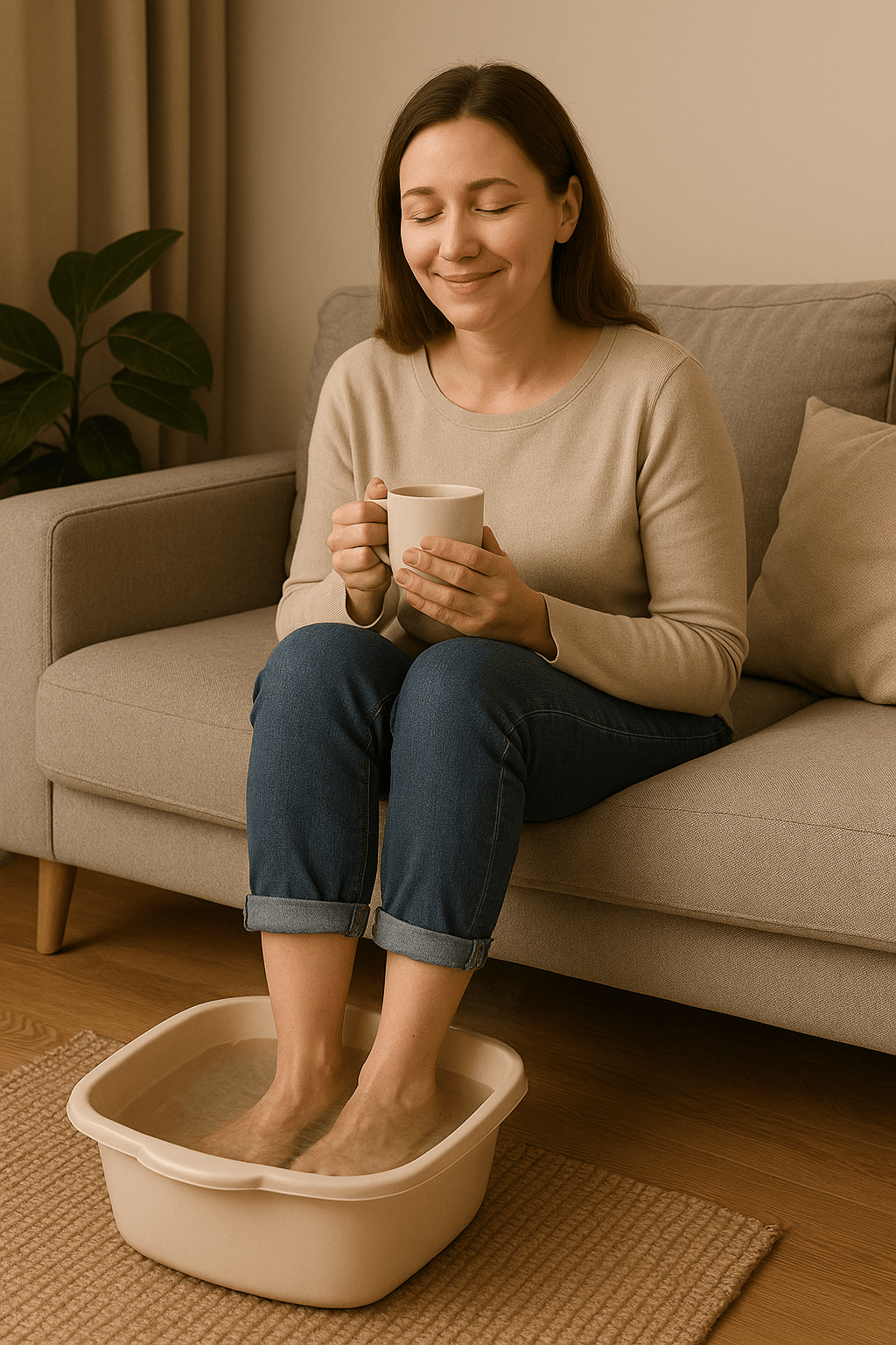 거실 소파에 앉아 족욕을 하며 편안한 표정을 짓고 있는 여성의 모습