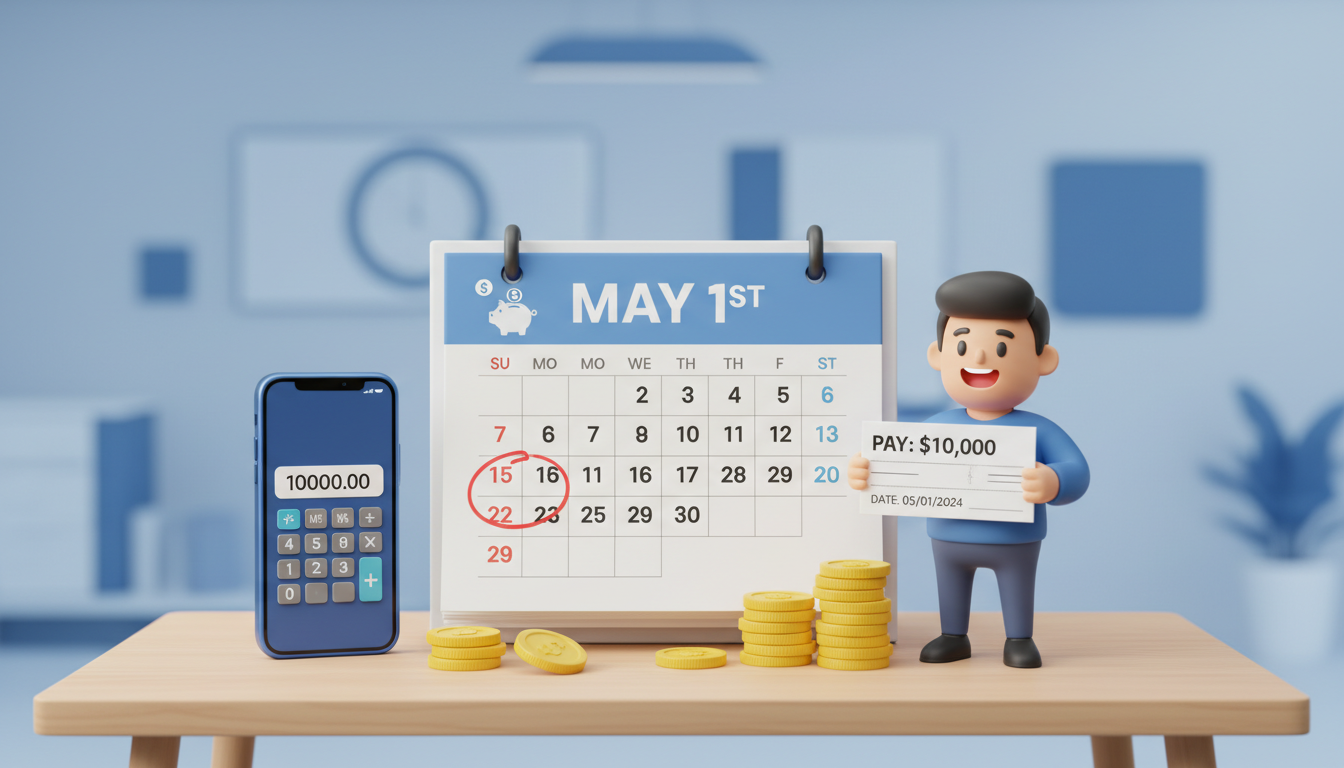 2026년 5월 1일 근로자의 날 수당 2.5배 계산법을 나타내는 달력과 계산기 일러스트