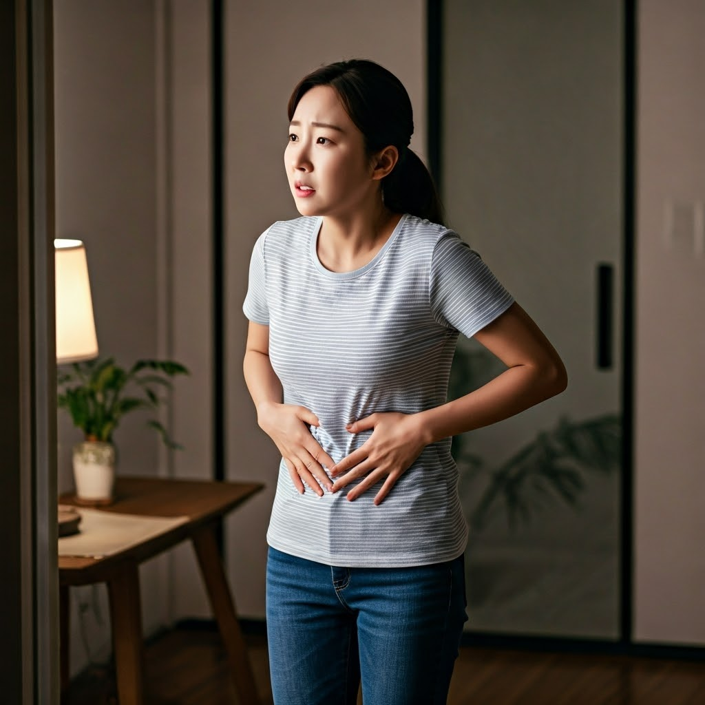 아랫배를 두손으로 잡고 고민하는 여성 사진