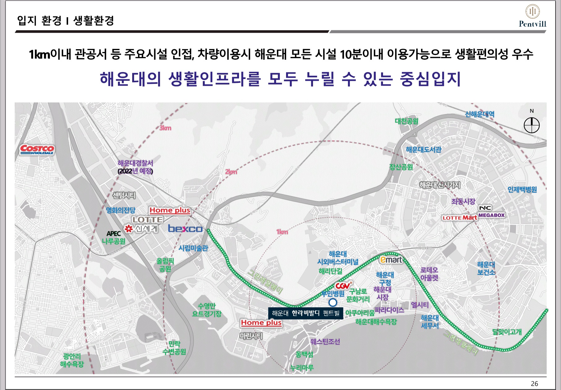 한라 비발디 펜트빌의 생활 인프라를 누리는 중심입지와 관공서등 주요시설인접 및 차량이용시 10분이내 이용가능한 생활 편의성 우수를 나타내는 지도이미지