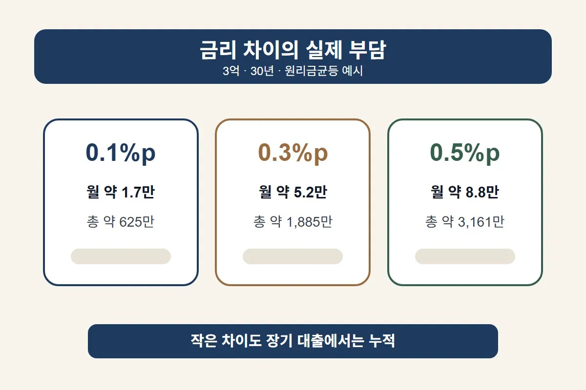 주택담보대출 금리비교에서 0.1%p부터 0.5%p까지 금리 차이가 장기 이자 부담으로 커지는 구조를 보여주는 이미지