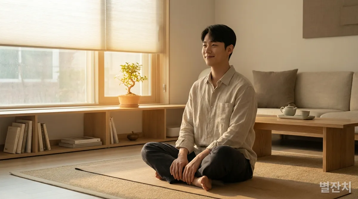 명상으로 긍정적인 마음을 다스리는 한국 남성