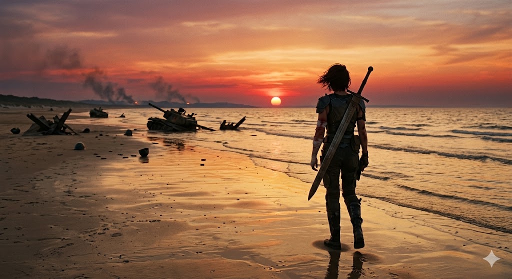 모든 전투가 끝난 후 석양이 지는 바다를 말없이 바라보는 앤디의 쓸쓸하지만 결연한 뒷모습