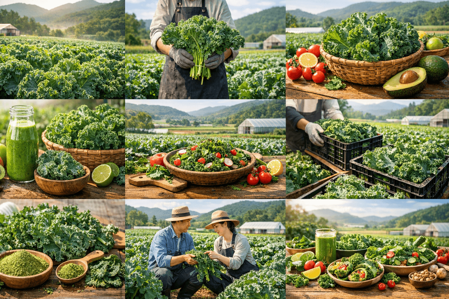 한국 농장에서 재배된 신선한 케일을 수확한 모습과 건강채소 케일의 농가 재배 및 유통을 보여주는 이미지