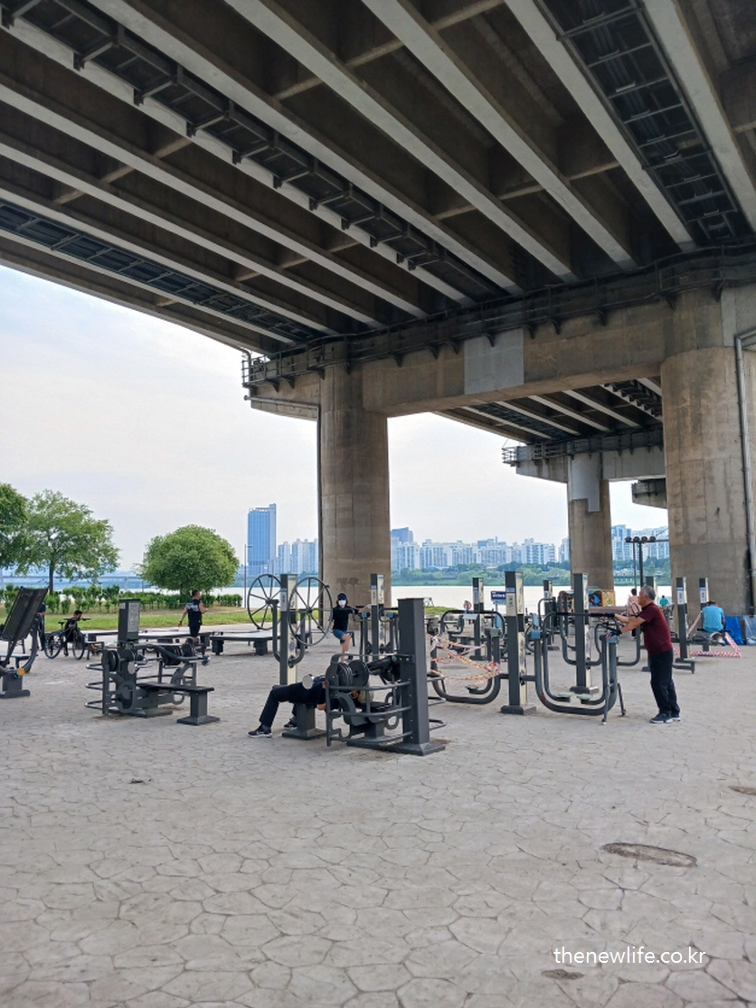 under-bridge fitness equipment area with leg machines and city view in background/다리 아래 설치된 하체 운동기구와 한강변 도시 배경의 풍경