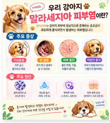 강아지 말라세지아 피부염 증상 ~"가려움이 매우 심해 계속 긁거나 물어뜯는다,피부가 심하게 붉어지거나 진물이 난다,피부에서 심한 냄새가 난다,피부가 두꺼워지고 검게 변하는 부분이 생긴다"이런 증상 위험해요!