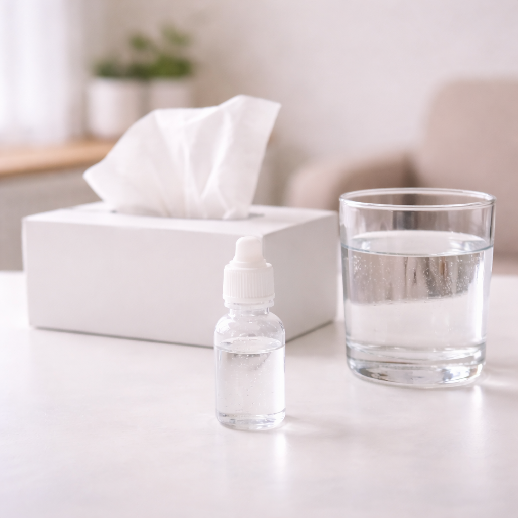 결막염으로 눈이 불편할 때 인공눈물과 티슈로 관리하는 모습을 상징한 이미지