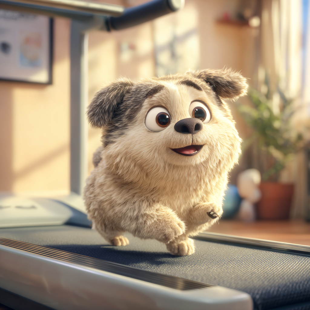 실내 런닝머신 위에서 운동하는 귀여운 강아지, 픽사스타일 일러스트