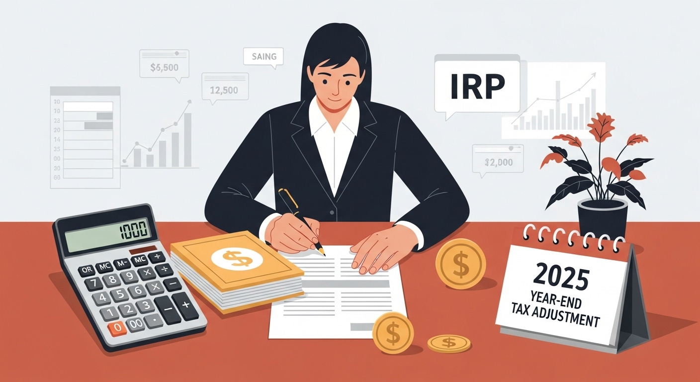 연금저축과 IRP에 가입하여 미래를 계획하고 2025년 연말정산 환급액을 기대하는 직장인의 모습.
