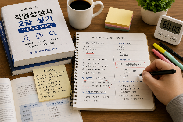 노트에 상담이론과 심리검사 핵심 키워드를 정리하는 장면