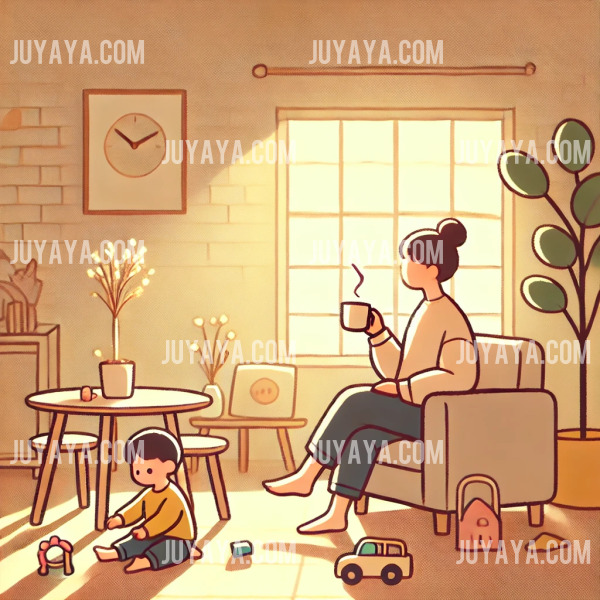 밝은 거실에서 부모가 커피를 마시며 아이가 장난감을 가지고 노는 모습을 담은 웹툰 스타일 일러스트. 여유롭고 따뜻한 분위기를 표현.