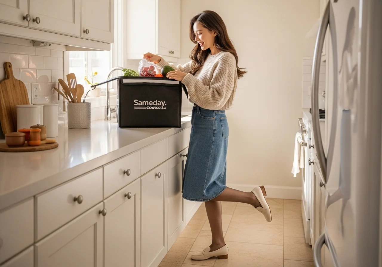 주방에서 젊은 한국인 여성이 Sameday.costco.ca 로고가 찍힌 배송 봉투를 열어보며 신선한 과일을 보고 기뻐하고 있다