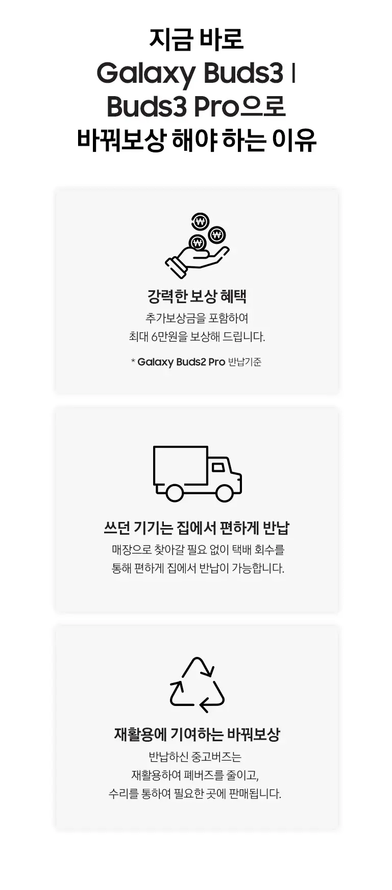 삼성 바꿔보상 갤럭시버즈3, 갤럭시버즈3프로 구매 시 반납기종별 추가보상금액