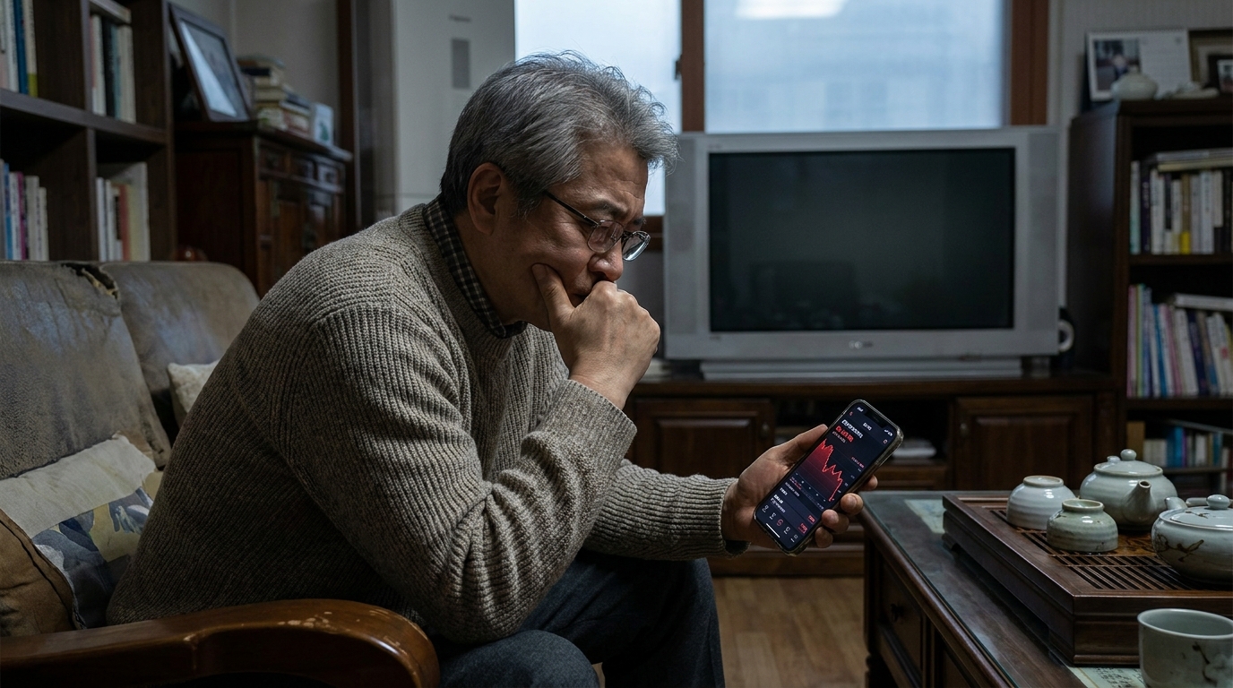 스마트폰으로 하락하는 주식 차트를 보며 근심에 빠진 60대 남성