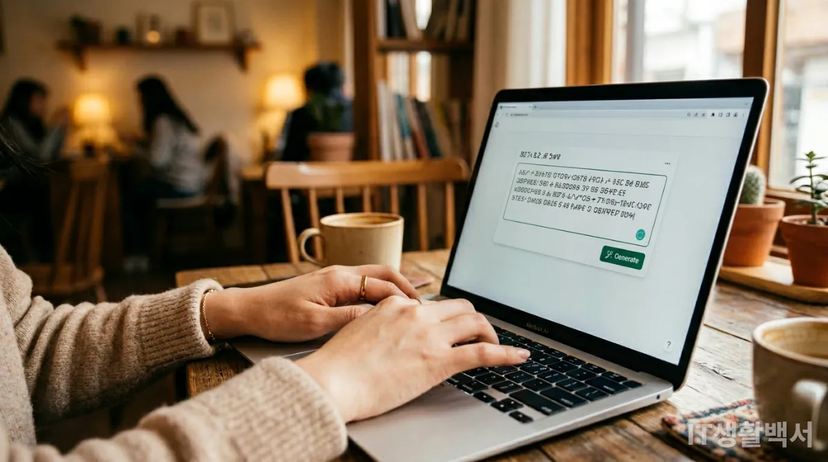 노트북 화면에 AI 이미지 생성 프롬프트를 입력하는 한국인의 손