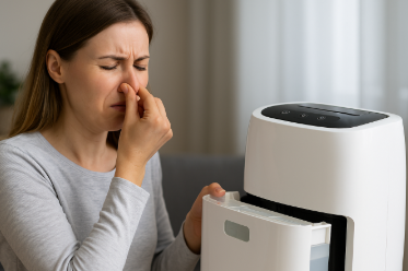 제습기에서 나는 냄새를 맞는 여성