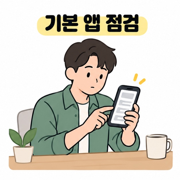 남성이 스마트폰 화면을 손가락으로 짚으며 앱 상태를 점검하는 모습