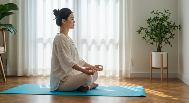 거실에서 명상 중인 한국인 여성