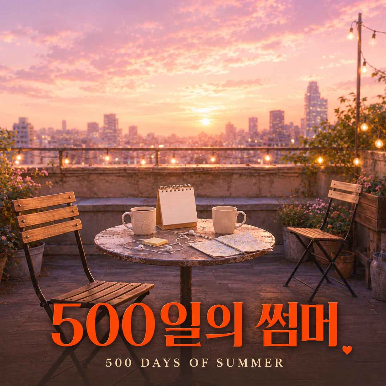 500일의 썸머 영화를 나타내는 이미지, 분홍빛 노을이 물든 도시의 옥상을 배경으로 테이블 위에 두 잔의 커피와 달력, 이어폰과 지도가 놓여 있는 장면