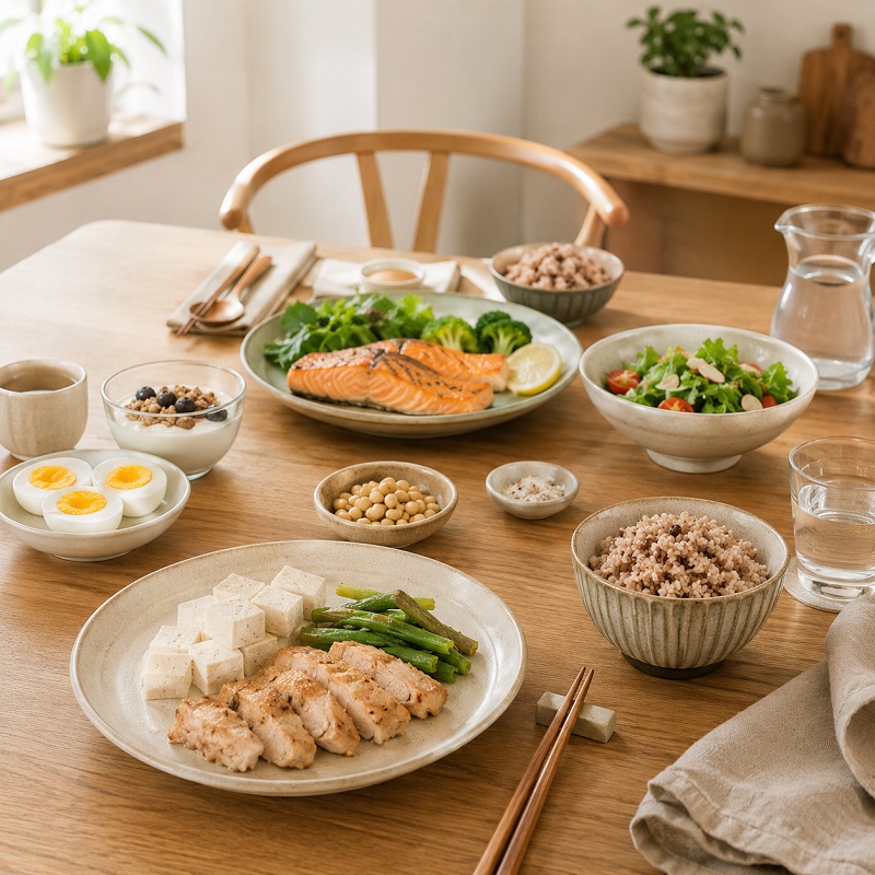 달걀과 요거트가 있는 아침, 생선이 있는 점심, 두부와 살코기가 있는 저녁 식사 구성