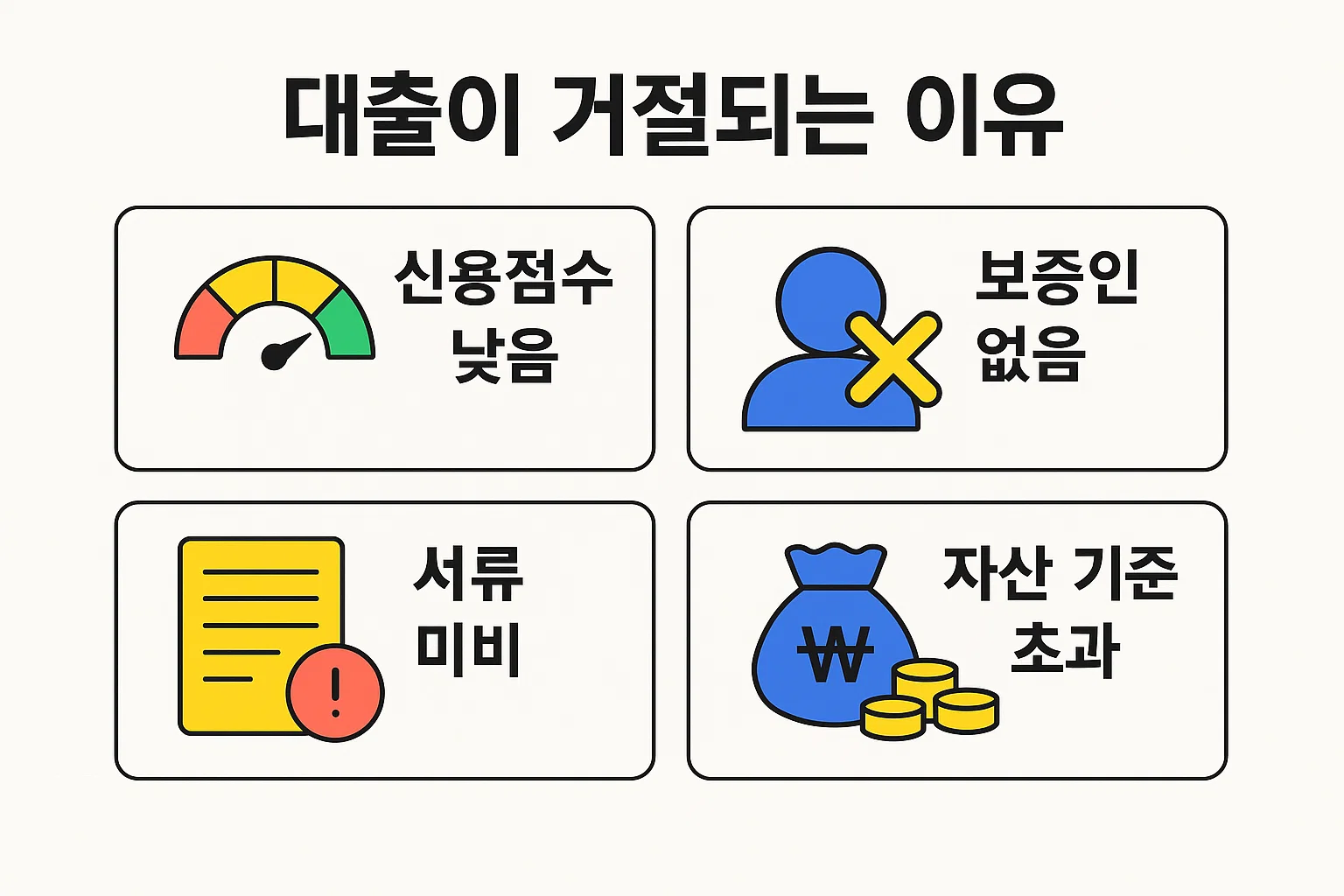 신용점수 낮음, 보증인 부재, 서류 미비, 자산 기준 초과 등 청년버팀목 전세대출이 거절되는 대표 이유를 정리한 인포그래픽으로 사전 대비에 유용합니다.