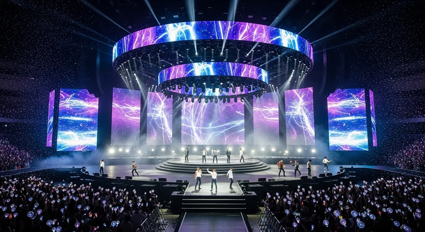 방탄소년단 멤버들이 360도 원형 무대에서 공연하고 있으며, 수많은 아미들이 아미밤을 흔들며 환호하는 모습이다.