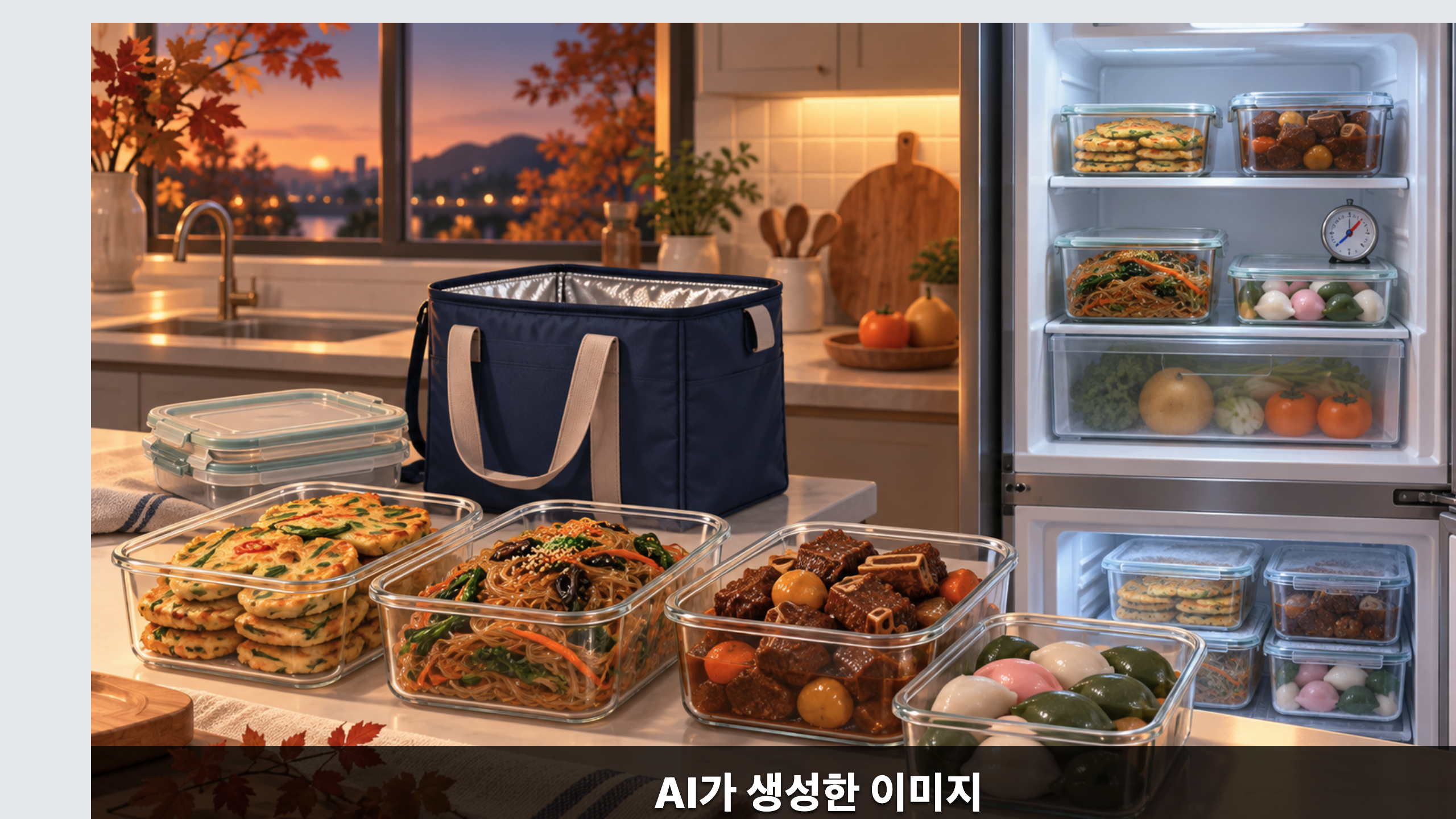 전과 잡채, 갈비찜 등 추석 남은 음식을 소분해 냉장·냉동 보관하는 식품안전 개념 일러스트