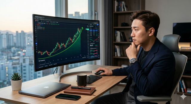 유가 ETF 투자자가 원유 가격 상승 차트를 분석하는 모습