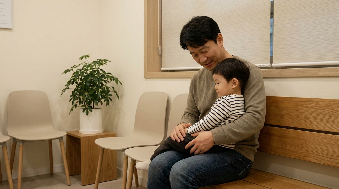 병원 대기실에서 아이를 안고 있는 아빠