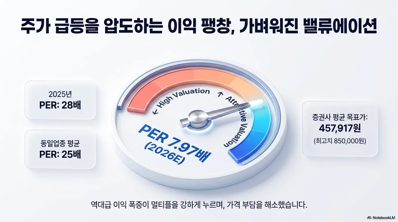 삼성전자 주가 전망: 삼성전자 2026년 추정 PER이 7.97배로 동일업종 평균 25배와 2025년 28배보다 낮아진 점을 계기판으로 보여주고 증권사 평균 목표주가 457&amp;#44;917원과 최고치 850&amp;#44;000원을 표시한 이미지. 이익 폭증이 밸류에이션 부담을 덜어낸 상황을 시각적으로 전달하며&amp;#44; 삼성전자 목표주가와 밸류에이션 주제를 설명함